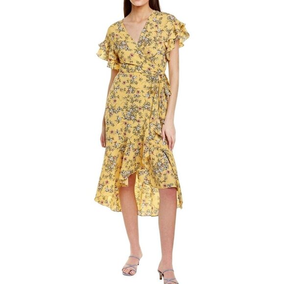 Max Studio NWT Yellow Crepe High Low Floral Midi Wrap Dress Size M - Picture 1 of 10